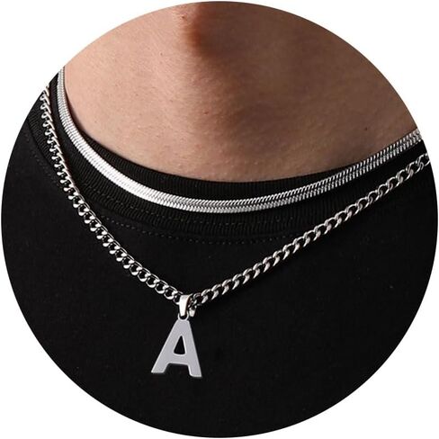 P.BLAKE Layered Initial A-Z Pendant Necklace for Men Boys, Stainless Steel Letter Cuban Link Herringbone Chain Necklace Fashion Jewelry Gifts in Saudi Arabia