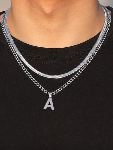 P.BLAKE Layered Initial A-Z Pendant Necklace for Men Boys, Stainless Steel Letter Cuban Link Herringbone Chain Necklace Fashion Jewelry Gifts in Saudi Arabia