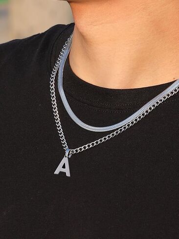 P.BLAKE Layered Initial A-Z Pendant Necklace for Men Boys, Stainless Steel Letter Cuban Link Herringbone Chain Necklace Fashion Jewelry Gifts in Saudi Arabia