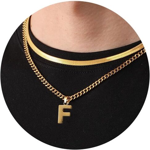 P.BLAKE Layered Initial A-Z Pendant Necklace for Men Boys, Stainless Steel Letter Cuban Link Herringbone Chain Necklace Fashion Jewelry Gifts in Saudi Arabia