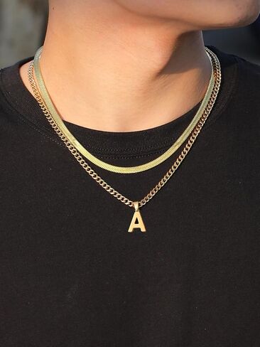 P.BLAKE Layered Initial A-Z Pendant Necklace for Men Boys, Stainless Steel Letter Cuban Link Herringbone Chain Necklace Fashion Jewelry Gifts in Saudi Arabia
