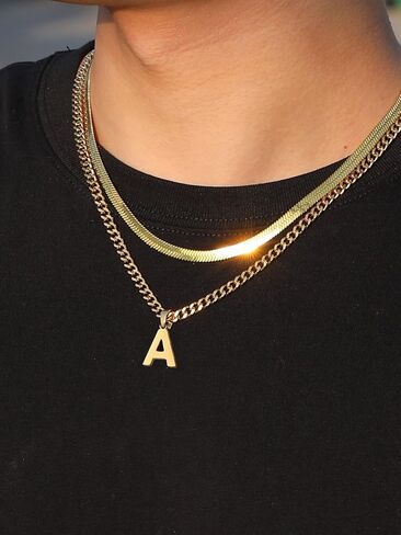 P.BLAKE Layered Initial A-Z Pendant Necklace for Men Boys, Stainless Steel Letter Cuban Link Herringbone Chain Necklace Fashion Jewelry Gifts in Saudi Arabia