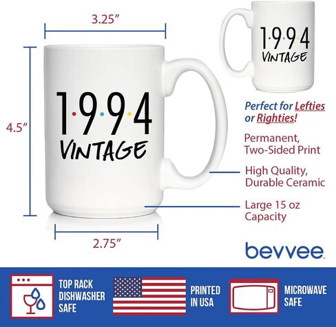 Vintage 1994 - هدايا عيد الميلاد الثلاثين الممتعة للرجال والنساء الذين يبلغون من العمر 30 عامًا - فناجين قهوة قديمة - كوب سيراميك أبيض كبير سعة 15 أونصة in Kuwait