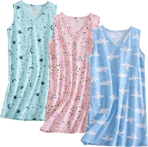 PNAEONG 3 Pack Womens Cotton Nightgown V Neck Nightshirts Sleeveless Sleepwear Casual Print Sleepdress in Saudi Arabia