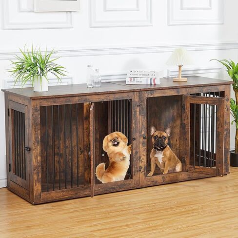 Large Dog Crate Furniture, Double Dog Kennel Furniture with 2 Drawers and Removable Divider, XXL Heavy Duty Wood Dog Crate Table for 2 Dogs Indoor (Rustic Brown, 71in) in Saudi Arabia