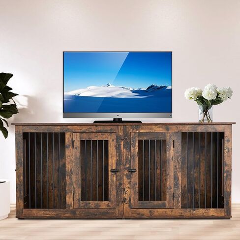 Large Dog Crate Furniture, Double Dog Kennel Furniture with 2 Drawers and Removable Divider, XXL Heavy Duty Wood Dog Crate Table for 2 Dogs Indoor (Rustic Brown, 71in) in Saudi Arabia