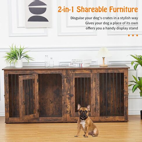 Large Dog Crate Furniture, Double Dog Kennel Furniture with 2 Drawers and Removable Divider, XXL Heavy Duty Wood Dog Crate Table for 2 Dogs Indoor (Rustic Brown, 71in) in Saudi Arabia