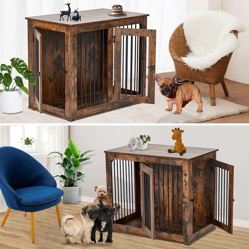 Large Dog Crate Furniture, Double Dog Kennel Furniture with 2 Drawers and Removable Divider, XXL Heavy Duty Wood Dog Crate Table for 2 Dogs Indoor (Rustic Brown, 71in) in Saudi Arabia
