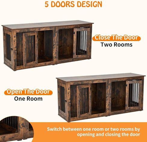 Large Dog Crate Furniture, Double Dog Kennel Furniture with 2 Drawers and Removable Divider, XXL Heavy Duty Wood Dog Crate Table for 2 Dogs Indoor (Rustic Brown, 71in) in Saudi Arabia