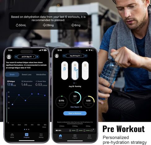 جهاز تتبع الترطيب الذكي الذي يمكن ارتداؤه، جهاز تتبع اللياقة البدنية للعرق، تحذير مبكر من أضرار التعب، نصيحة علمية للمكملات الغذائية للرياضيين، عشاق الرياضة in Kuwait