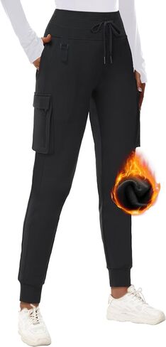 Mivie Women's Fleece Lined Cargo Joggers Pants Water Resistant Winter Cold Weather Hiking Travel Sweatpant with Zipper Pocket in Saudi Arabia