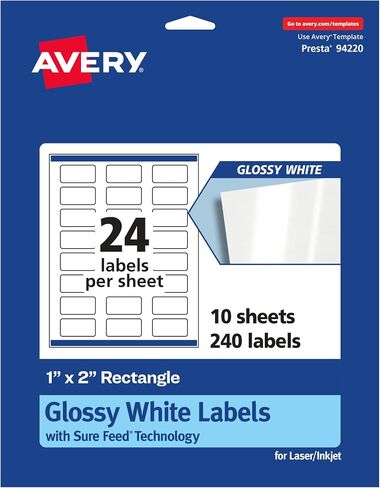 Avery Glossy White Rectangle Labels with Sure Feed, 1" x 2", 240 Glossy White Labels, Print-to-The-Edge, Permanent Label Adhesive, Laser/Inkjet Printable Labels in Saudi Arabia