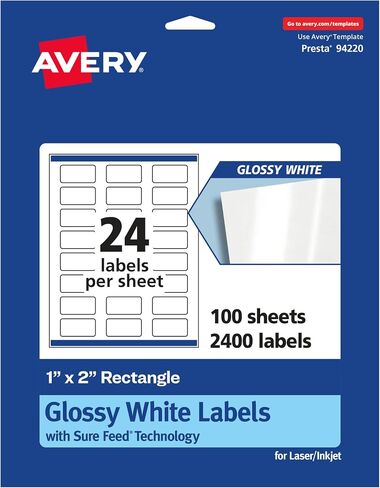 Avery Glossy White Rectangle Labels with Sure Feed, 1" x 2", 240 Glossy White Labels, Print-to-The-Edge, Permanent Label Adhesive, Laser/Inkjet Printable Labels in Saudi Arabia
