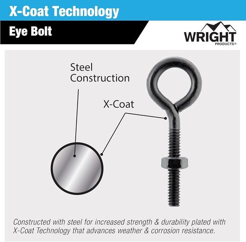 Wright Products Eye Bolt، 10 عبوات، 4 بوصة × 0.31 بوصة، شديد التحمل، مقاوم للطقس للاستخدام الخارجي والداخلي - مسمار عين متعدد الأغراض لتعليق النباتات، والديكورات، والمشروعات اليدوية، أسود غير لامع in Kuwait