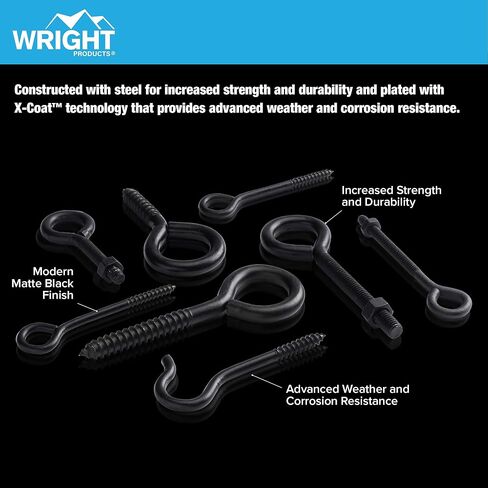 Wright Products Eye Bolt، 10 عبوات، 4 بوصة × 0.31 بوصة، شديد التحمل، مقاوم للطقس للاستخدام الخارجي والداخلي - مسمار عين متعدد الأغراض لتعليق النباتات، والديكورات، والمشروعات اليدوية، أسود غير لامع in Kuwait
