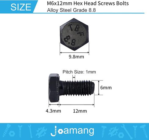 مسمار لولبي سداسي الرأس Joamang M6 x 12 مم، سبيكة فولاذية درجة 8.8، لمسة نهائية من أكسيد أسود، خيط كامل، مسامير رأس سداسية، الكمية 25 in Saudi Arabia