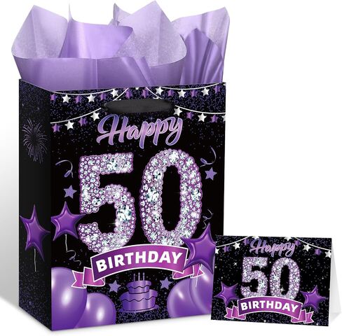 Black Purple 60th Birthday Gift Bag with Happy 60th Birthday Greeting Card and Tissue Paper for Women Black Purple 60th Birthday Gift Wrap Bag with Handles for 60th Birthday Party Decorations Supplies in Kuwait