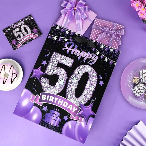 Black Purple 60th Birthday Gift Bag with Happy 60th Birthday Greeting Card and Tissue Paper for Women Black Purple 60th Birthday Gift Wrap Bag with Handles for 60th Birthday Party Decorations Supplies in Kuwait