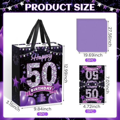 Black Purple 60th Birthday Gift Bag with Happy 60th Birthday Greeting Card and Tissue Paper for Women Black Purple 60th Birthday Gift Wrap Bag with Handles for 60th Birthday Party Decorations Supplies in Kuwait