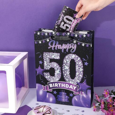 Black Purple 60th Birthday Gift Bag with Happy 60th Birthday Greeting Card and Tissue Paper for Women Black Purple 60th Birthday Gift Wrap Bag with Handles for 60th Birthday Party Decorations Supplies in Kuwait