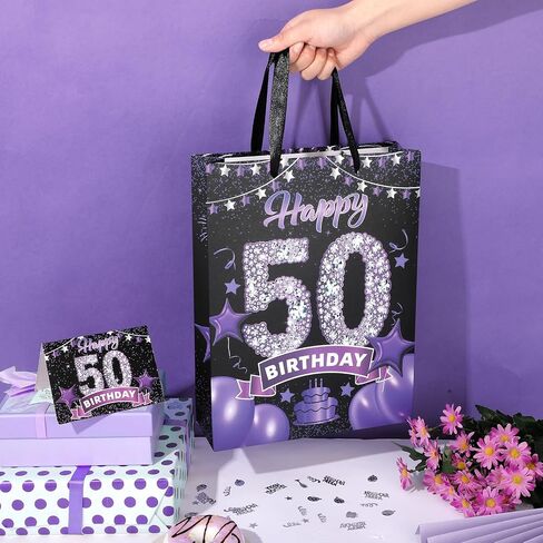 Black Purple 60th Birthday Gift Bag with Happy 60th Birthday Greeting Card and Tissue Paper for Women Black Purple 60th Birthday Gift Wrap Bag with Handles for 60th Birthday Party Decorations Supplies in Kuwait