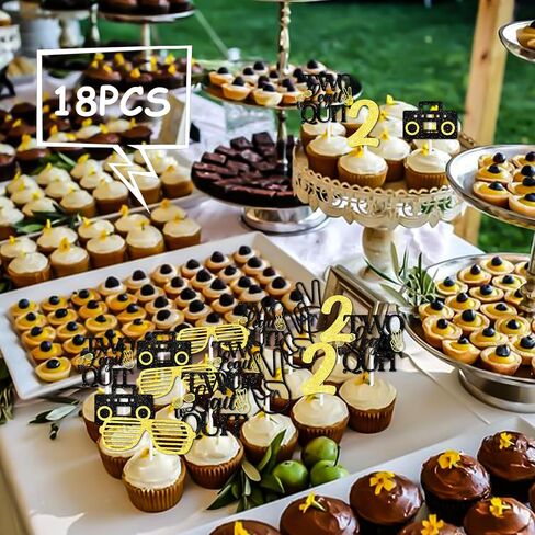 18pcs الذهب الأسود بريق الحلوى كب كيك توبر الرجعية راديو اثنين شرعي إنهاء موضوع الديكور لوازم استحمام الطفل بنين بنات سعيد 2 سنة عيد ميلاد الصيف حزب زينة in Saudi Arabia