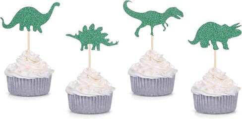 أغطية كب كيك على شكل ديناصور لامعة باللون الأخضر لتزيين حفلات أعياد الميلاد الأولى للأطفال الصغار - مجموعة من 24 قطعة in Kuwait
