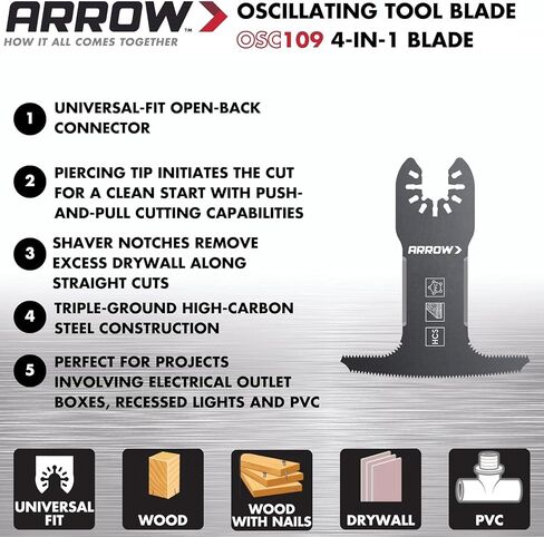 مجموعة ملحقات الأدوات المتأرجحة Arrow OSCELEC2-EK المكونة من 3 قطع للمشروعات الكهربائية، تتضمن شفرة أداة الحوائط الجافة 4 في 1، وشفرات قطع صندوق كهربائي 1 عصابة و2 عصابة، عالمية، تناسب معظم الأدوات المتعددة in Saudi Arabia