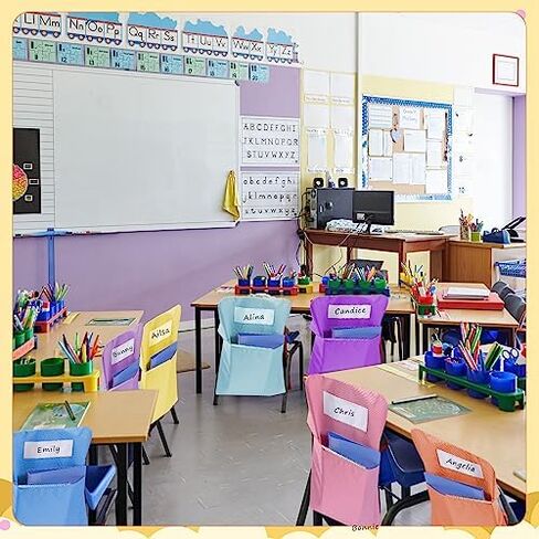 Chapou 24 جهاز كمبيوتر شخصى 17.3 "× 20" جيوب كرسي مع اسم العلامة فتحة كرسي تخزين جيب المقعد الخلفي الفصول الدراسية كرسي الحقائب قماش كرسي منظم للمعلم الطالب مدرسة مكتب المنزل تنظيم (ألوان الباستيل) in Kuwait