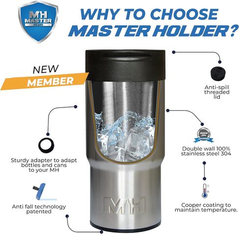 Master Holder 4-in-1 Stainless Steel Beer Can Holder - 470ml/16oz Anti-Fall Technology - Beer Cooler for Double Layer Vacuum Insulated Bottles and Cans - Blue Design in Saudi Arabia