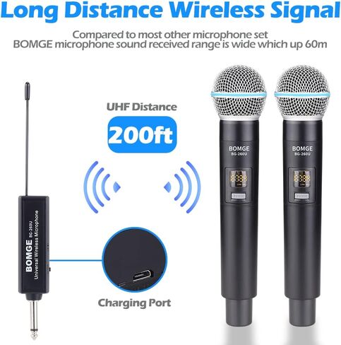 نظام ميكروفون لاسلكي مزدوج من BOMGE UHF، 30 قناة قابلة للتعديل، مع جهاز استقبال قابل لإعادة الشحن، مناسب لغناء الكاريوكي، والحفلات، والكنيسة، واستخدام الفصول الدراسية، 200 قدم in Kuwait