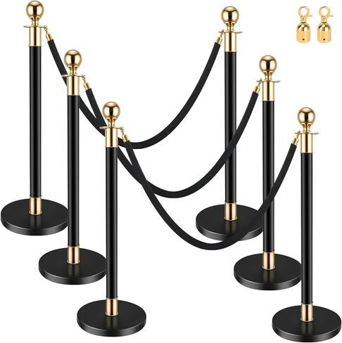 دعامات التحكم في الحشود الذهبية، مجموعة دعامات حبل مخملية حمراء، عمود قائمة انتظار مع حبل مخملي أحمر بطول 5 أقدام/1.5 متر - دعامات وحبال مخملية لمسرح الأفلام (38 بوصة، 6 قطع - أسود، ذهبي) in Kuwait