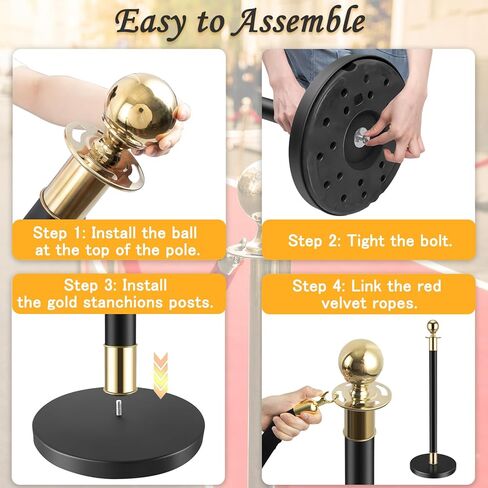دعامات التحكم في الحشود الذهبية، مجموعة دعامات حبل مخملية حمراء، عمود قائمة انتظار مع حبل مخملي أحمر بطول 5 أقدام/1.5 متر - دعامات وحبال مخملية لمسرح الأفلام (38 بوصة، 6 قطع - أسود، ذهبي) in Kuwait