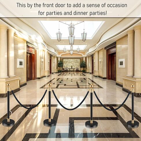 دعامات التحكم في الحشود الذهبية، مجموعة دعامات حبل مخملية حمراء، عمود قائمة انتظار مع حبل مخملي أحمر بطول 5 أقدام/1.5 متر - دعامات وحبال مخملية لمسرح الأفلام (38 بوصة، 6 قطع - أسود، ذهبي) in Kuwait