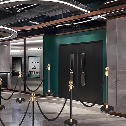 دعامات التحكم في الحشود الذهبية، مجموعة دعامات حبل مخملية حمراء، عمود قائمة انتظار مع حبل مخملي أحمر بطول 5 أقدام/1.5 متر - دعامات وحبال مخملية لمسرح الأفلام (38 بوصة، 6 قطع - أسود، ذهبي) in Kuwait