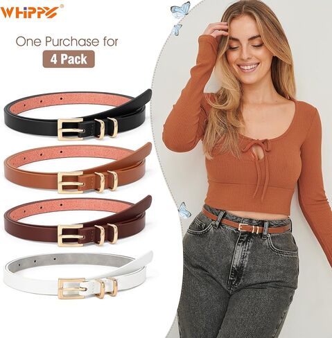 WHIPPY مجموعة من 4 حزام جلدي نحيف للسيدات، حزام خصر رفيع مع مشبك معدني لفساتين البنطلونات الجينز in Kuwait