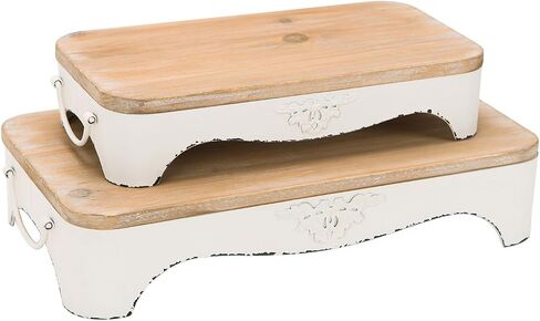 NIKKY HOME Farmhouse Wood Riser Decorative Metal Pedestal Tray Set of 2, Rustic Wooden Display Stand Centerpiece Decor for Coffee Bar Table, Kitchen Counter, Dining Room in Saudi Arabia