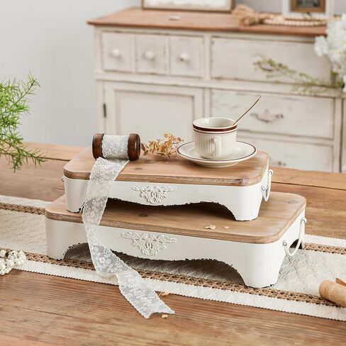 NIKKY HOME Farmhouse Wood Riser Decorative Metal Pedestal Tray Set of 2, Rustic Wooden Display Stand Centerpiece Decor for Coffee Bar Table, Kitchen Counter, Dining Room in Saudi Arabia