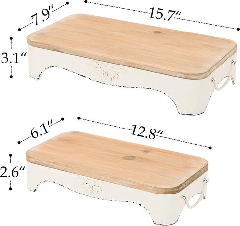 NIKKY HOME Farmhouse Wood Riser Decorative Metal Pedestal Tray Set of 2, Rustic Wooden Display Stand Centerpiece Decor for Coffee Bar Table, Kitchen Counter, Dining Room in Saudi Arabia