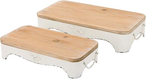 NIKKY HOME Farmhouse Wood Riser Decorative Metal Pedestal Tray Set of 2, Rustic Wooden Display Stand Centerpiece Decor for Coffee Bar Table, Kitchen Counter, Dining Room in Saudi Arabia