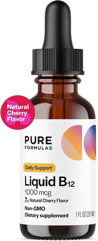 Pure Formulas Liquid B12 1000 mcg - قطرات تحت اللسان بنكهة الكرز الطبيعية B12، دعم يومي قوي للطاقة والعافية - غير معدّل وراثيًا، خالي من مسببات الحساسية - 1 أونصة سائلة. أوز. in Saudi Arabia