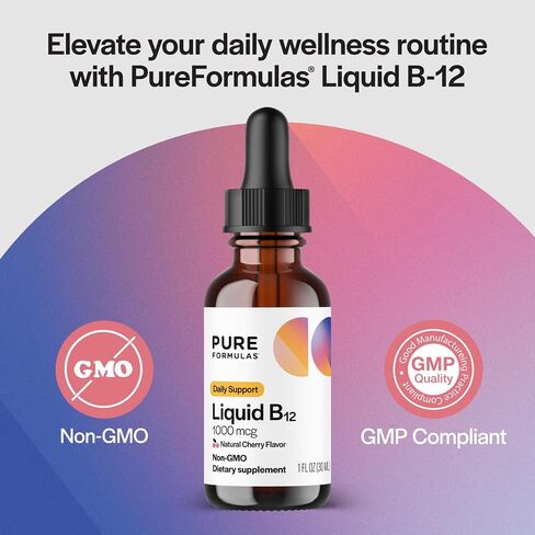 Pure Formulas Liquid B12 1000 mcg - قطرات تحت اللسان بنكهة الكرز الطبيعية B12، دعم يومي قوي للطاقة والعافية - غير معدّل وراثيًا، خالي من مسببات الحساسية - 1 أونصة سائلة. أوز. in Saudi Arabia