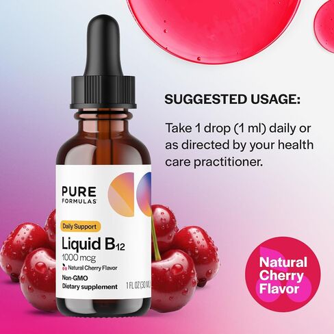 Pure Formulas Liquid B12 1000 mcg - قطرات تحت اللسان بنكهة الكرز الطبيعية B12، دعم يومي قوي للطاقة والعافية - غير معدّل وراثيًا، خالي من مسببات الحساسية - 1 أونصة سائلة. أوز. in Saudi Arabia