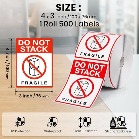 500 PCS Do Not Stack Labels 4 x 3 Inches Vinyl Fragile Stickers | Waterproof Tear Resistant Label for Shipping Moving Packing Strong Adhesive Sticker in Kuwait