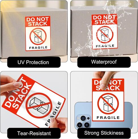 500 PCS Do Not Stack Labels 4 x 3 Inches Vinyl Fragile Stickers | Waterproof Tear Resistant Label for Shipping Moving Packing Strong Adhesive Sticker in Kuwait