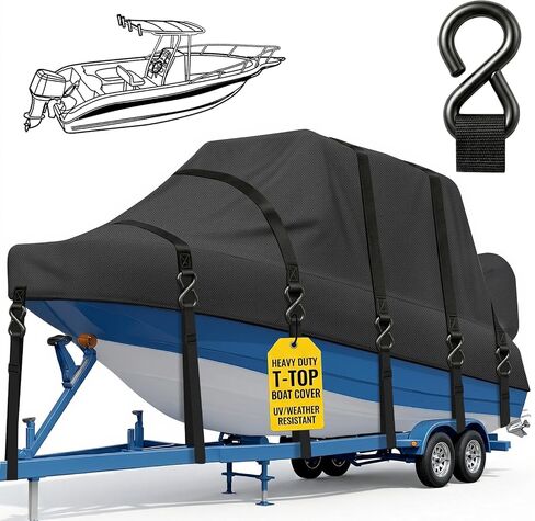 1200D Waterproof Heavy Duty Boat Cover for T-Top Hard Top, Fits 24-26ft Center Console Boats with T TOP Roof – UV Protection, Metal Buckles & Motor Cover,Gray in Kuwait