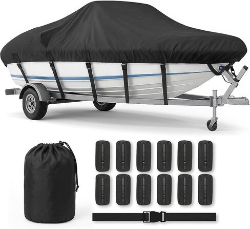 Heavy Duty 1200D Boat Cover for 17-19 FT V-Hull Boats, Marine Grade Trailerable Boat Cover with Adjustable Straps, UV Resistant Tear-Resistant Cover(Black) in Kuwait