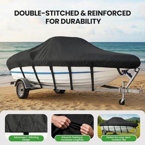 Heavy Duty 1200D Boat Cover for 17-19 FT V-Hull Boats, Marine Grade Trailerable Boat Cover with Adjustable Straps, UV Resistant Tear-Resistant Cover(Black) in Kuwait