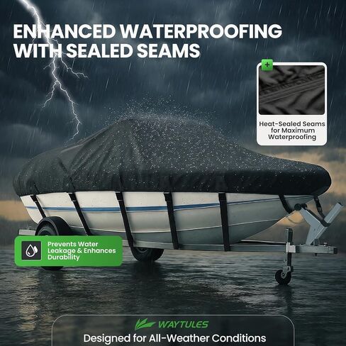 Heavy Duty 1200D Boat Cover for 17-19 FT V-Hull Boats, Marine Grade Trailerable Boat Cover with Adjustable Straps, UV Resistant Tear-Resistant Cover(Black) in Kuwait