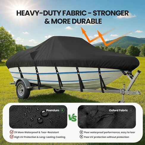 Heavy Duty 1200D Boat Cover for 17-19 FT V-Hull Boats, Marine Grade Trailerable Boat Cover with Adjustable Straps, UV Resistant Tear-Resistant Cover(Black) in Kuwait